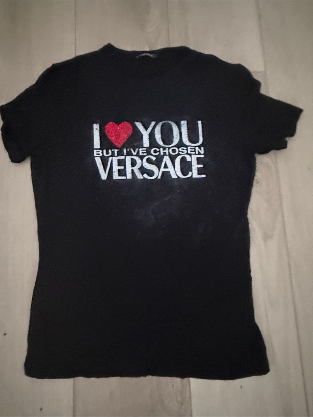 Versace Black Tee with White Logo and Red Heart Graphic Size 42 Small/Medium